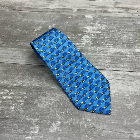 Hermes Paris 684 OA Blue & Gold Jockey Hat Pattern Tie - Picture 2 of 7